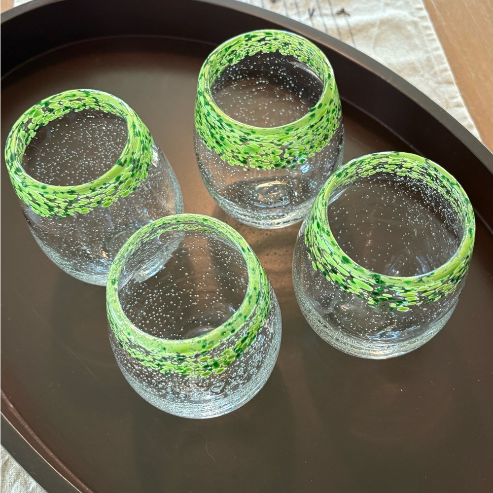 Green Confetti Rim Mexican Seeded Glass Stemlesss Wine Glassses Set